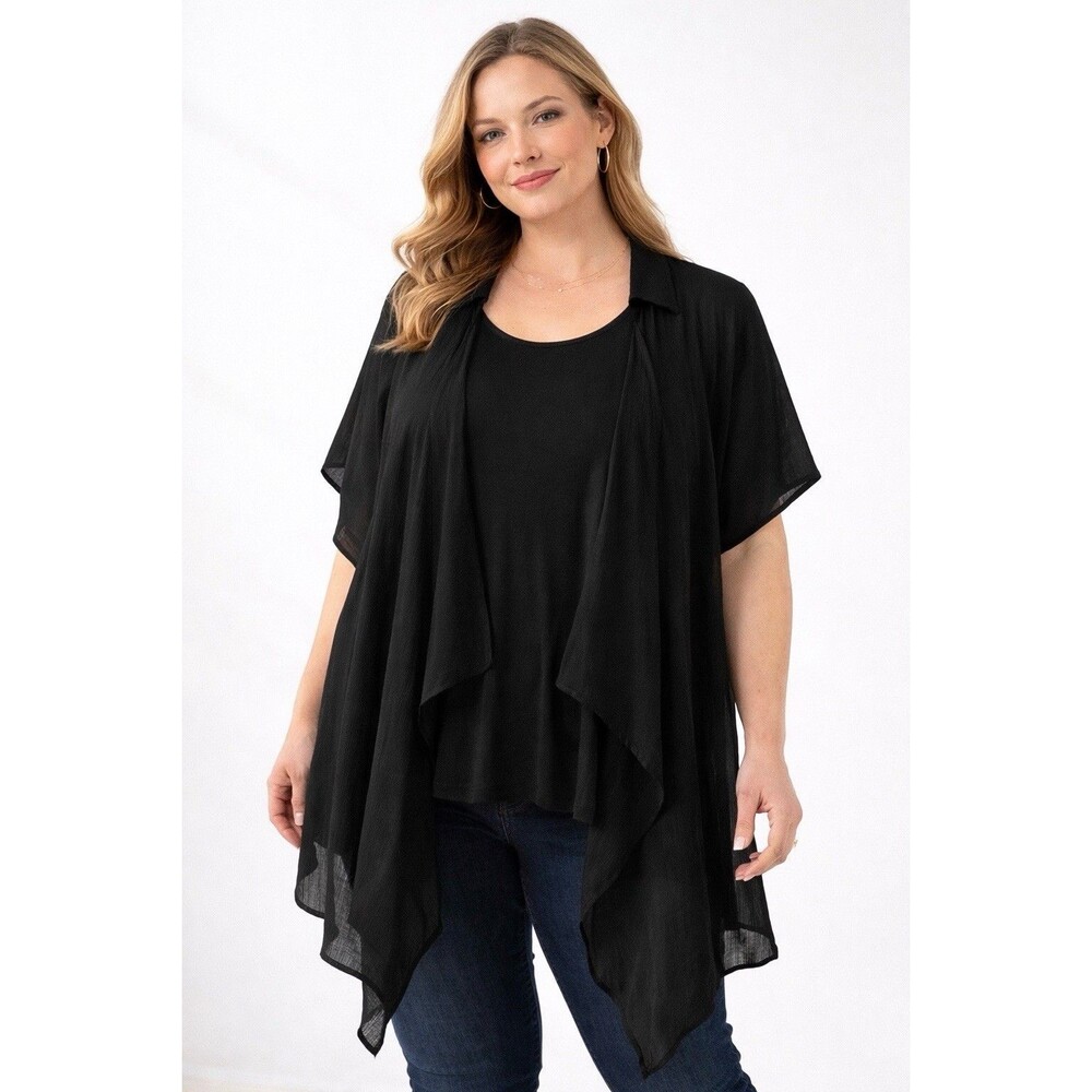 Essentials 2 Piece Black Sheer Cardigan Set Draped Open Front Top Layering OS